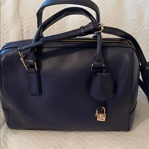 BCBGMAXAZRIA Navy Leather Handbag with Gold Accents